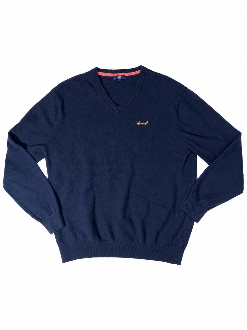 Men’s Classic Navy V-Neck Sweater with Subtle Script Logo, lambs wool, large